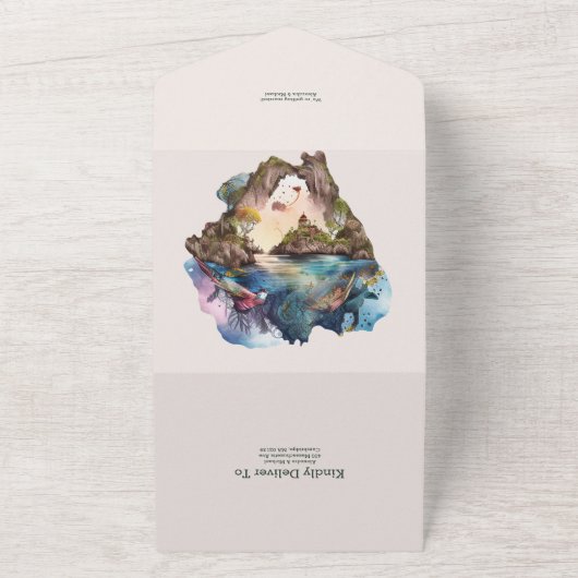 水の色Carraibean宛先ウェディングすべてO オールインワン招待状 (外側)