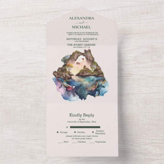 水の色Carraibean宛先ウェディングすべてO オールインワン招待状 (内側)