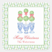 水の色Chinoiserieクリスマスボウトピアリーギフト スクエアシール (正面)
