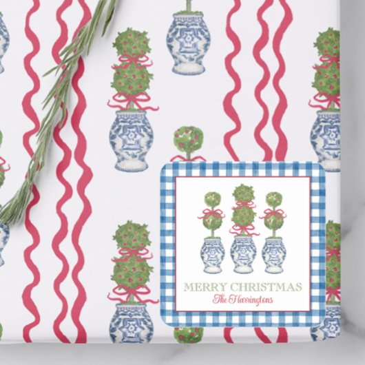 水の色Chinoiserieクリスマスレッドボウトピアリー スクエアシール
