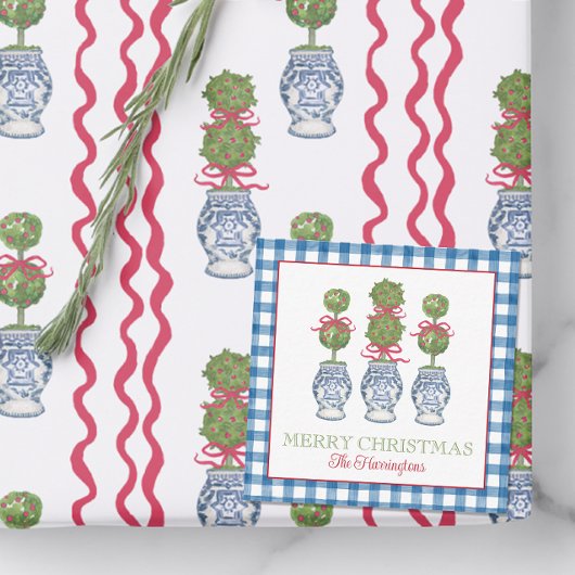 水の色Chinoiserieクリスマスレッドボウトピアリー ノートカード