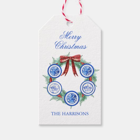 水の色Chinoiserieプレートリースクリスマス ギフトタグ (正面)