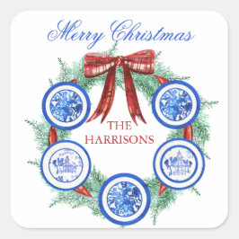 水の色Chinoiserieプレートリースクリスマス スクエアシール