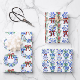 水の色Chinoiserieプレートリースクリスマス ラッピングペーパーシート