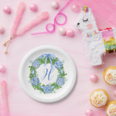 水の色Chinoiserieリースクリスマスモノグラム ペーパープレート (パーティー)