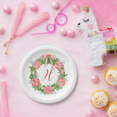 水の色Chinoiserieリースクリスマスモノグラム ペーパープレート (パーティー)