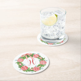 水の色Chinoiserieリースクリスマスモノグラム ラウンドペーパーコースター