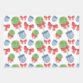 水の色Chinoiserieレッドボウトピアリー ラッピングペーパーシート (正面)