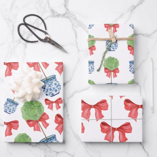 水の色Chinoiserieレッドボウトピアリー ラッピングペーパーシート (正面)