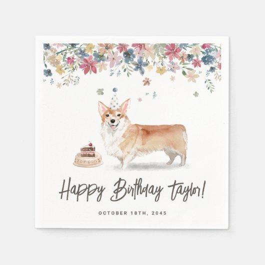 水の色Corgi犬の誕生日パーティーありがとう スタンダードカクテルナプキン (正面)