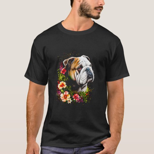 水の色Englishブルドッグと花68 Tシャツ (正面)