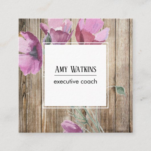 水の色Wildflowers on 素朴 Wood Social Icons スクエア名刺 (正面)