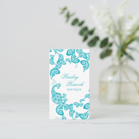 水の花のペイズリーの孔雀のスタイリッシュでシックなエレガント 名刺 (スタンド正面)