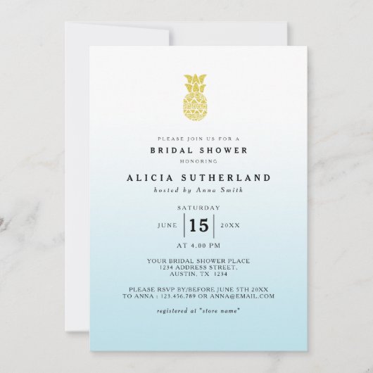 水の金ゴールドのグリッターのパイナップルブライダルシャワーカード 招待状 (正面)