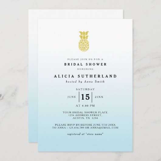 水の金ゴールドのグリッターのパイナップルブライダルシャワーカード 招待状 (正面/裏面)