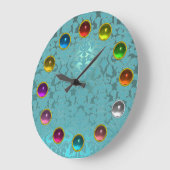 水の青いティール(緑がかった色)のダマスク織およびカラフルな3D宝石 ラージ壁時計 (傾斜)