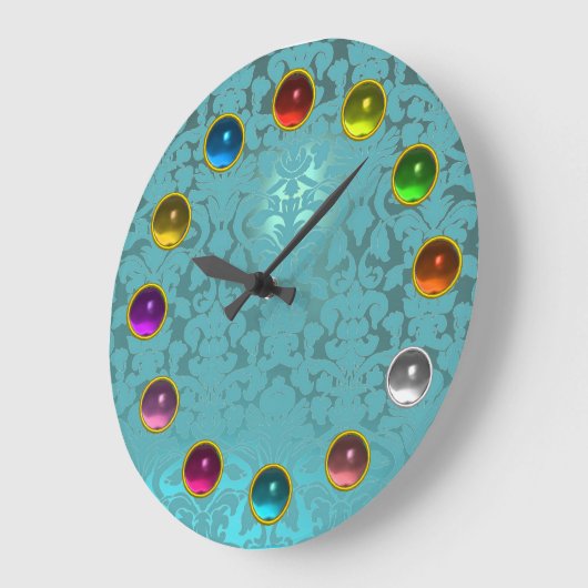 水の青いティール（緑がかった色）のダマスク織およびカラフルな3D宝石 ラージ壁時計 (傾斜)