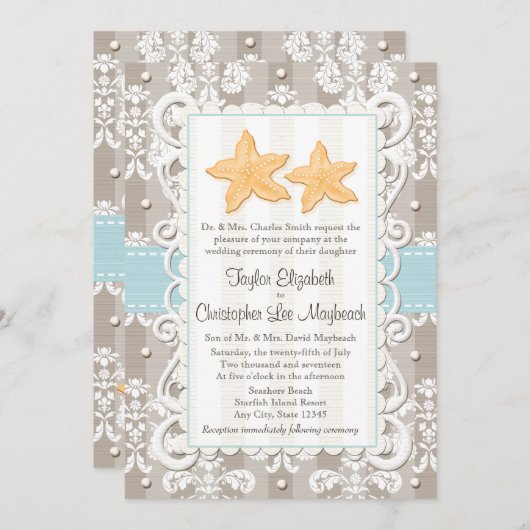 水の青いヒトデの結婚式招待状 招待状 (正面/裏面)