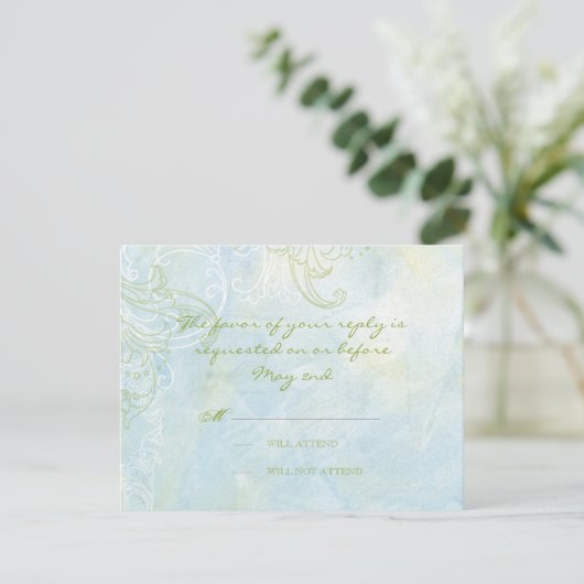 水の青いヒマワリの花の渦巻のモダンな結婚式 出欠カード (スタンド正面)