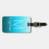 水の青い勾配のモノグラムへのシンプルな黒 ラゲッジタグ (正面横)