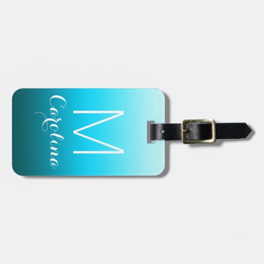 水の青い勾配のモノグラムへのシンプルな黒 ラゲッジタグ (正面横)