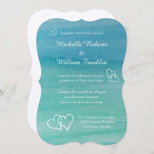 水の青い水彩画のビーチ結婚式の招待状 招待状 (正面/裏面)
