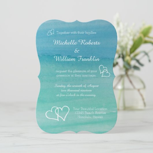 水の青い水彩画のビーチ結婚式の招待状 招待状 (スタンド正面)