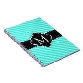 水の青い縞パターン黒のカスタムのモノグラム ノートブック (右側)