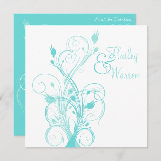 水の青および白い花の結婚式招待状 招待状 (正面/裏面)