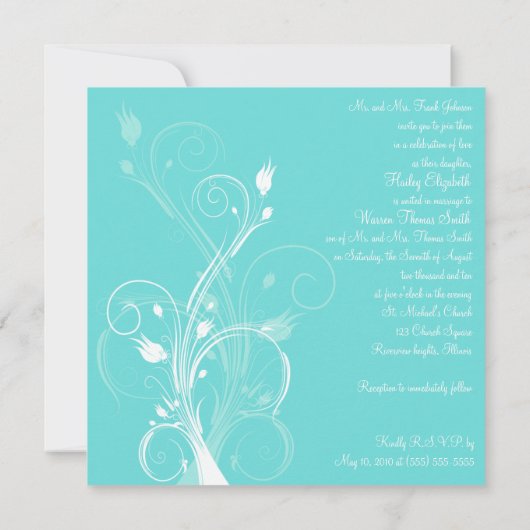 水の青および白い花の結婚式招待状 招待状 (裏面)