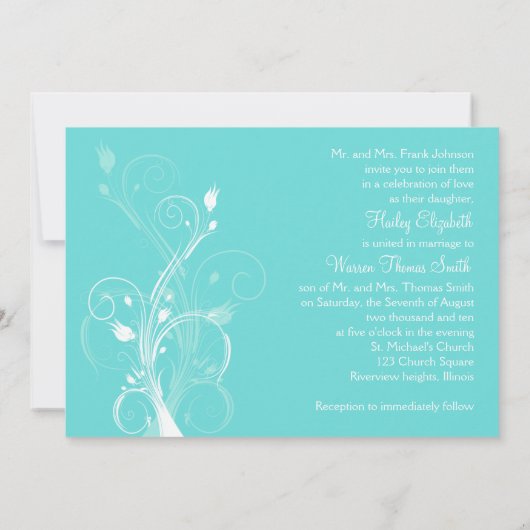 水の青および白い花の結婚式招待状 招待状 (裏面)