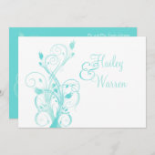 水の青および白い花の結婚式招待状 招待状 (正面/裏面)