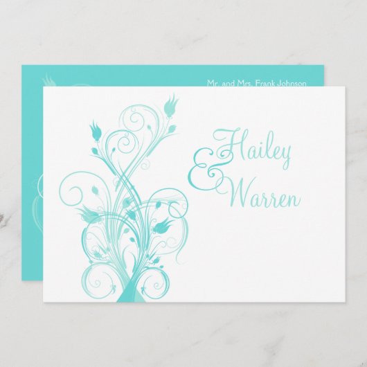 水の青および白い花の結婚式招待状 招待状 (正面/裏面)