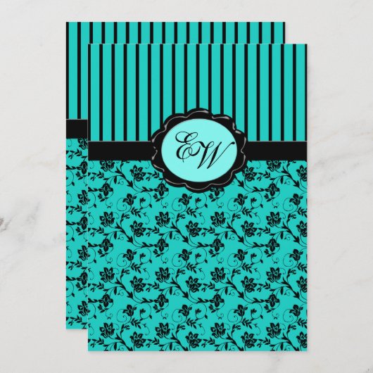 水の青および黒いモノグラムのダマスク織の招待状 招待状 (正面/裏面)