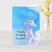 水の青くパーソナライズな水彩画のユニコーンの誕生日 カード (黄色い花)