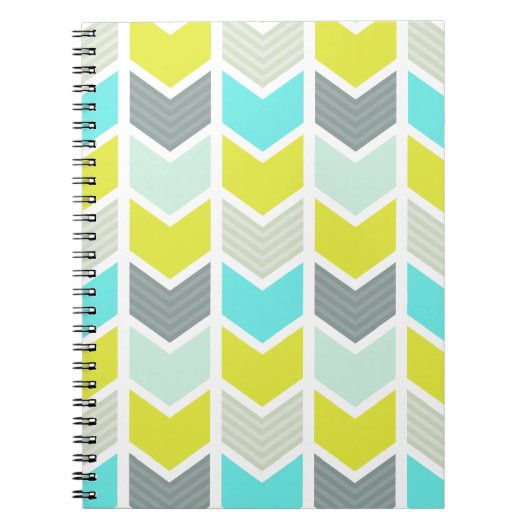 水の青く黄色い灰色の幾何学的なシェブロンパターン ノートブック (正面)