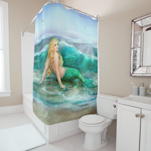 水の青の海の海岸で浴している人魚 シャワーカーテン (インサイチュ)