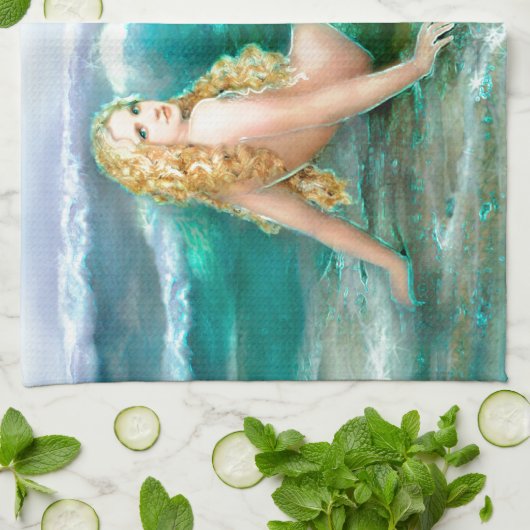 水の青の海の海岸のファンタジーの人魚 キッチンタオル (折り畳み)