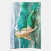 水の青の海の海岸のファンタジーの人魚 キッチンタオル (縦)