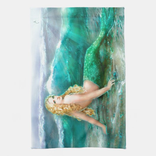 水の青の海の海岸のファンタジーの人魚 キッチンタオル (縦)