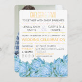 水の青及び黄色の水気が多くモダンでシックな結婚式 招待状 (正面/裏面)