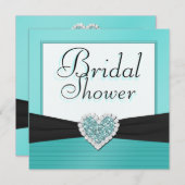 水の青及び黒いグリッターのハートのウェディングシャワー 招待状 (正面/裏面)