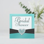 水の青及び黒いグリッターのハートのウェディングシャワー 招待状 (スタンド正面)