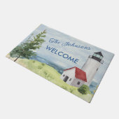 水の魅力的色ライトハウスシーンようこそ名前 ドアマット (アングル)