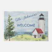 水の魅力的色ライトハウスシーンようこそ名前 ドアマット (正面)