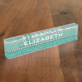 水のTurqoiseのモノグラムの花のグリッターパターン デスクネームプレート (側面)