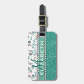 水のTurqoiseのモノグラムの花のグリッターパターン ラゲッジタグ (正面縦)