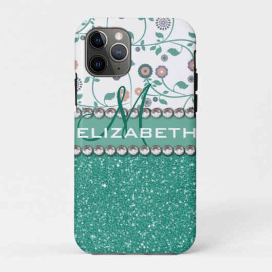 水のTurqoiseのモノグラムの花のグリッターPern Case-Mate iPhoneケース (裏面)