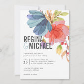 水はっきりしたモダン色アクアワイルドフラワー結婚ズ 招待状 (正面)