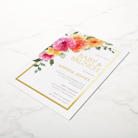 水はっきりした色の花ベビーシャワーブランチ 箔招待状 (回転した状態)